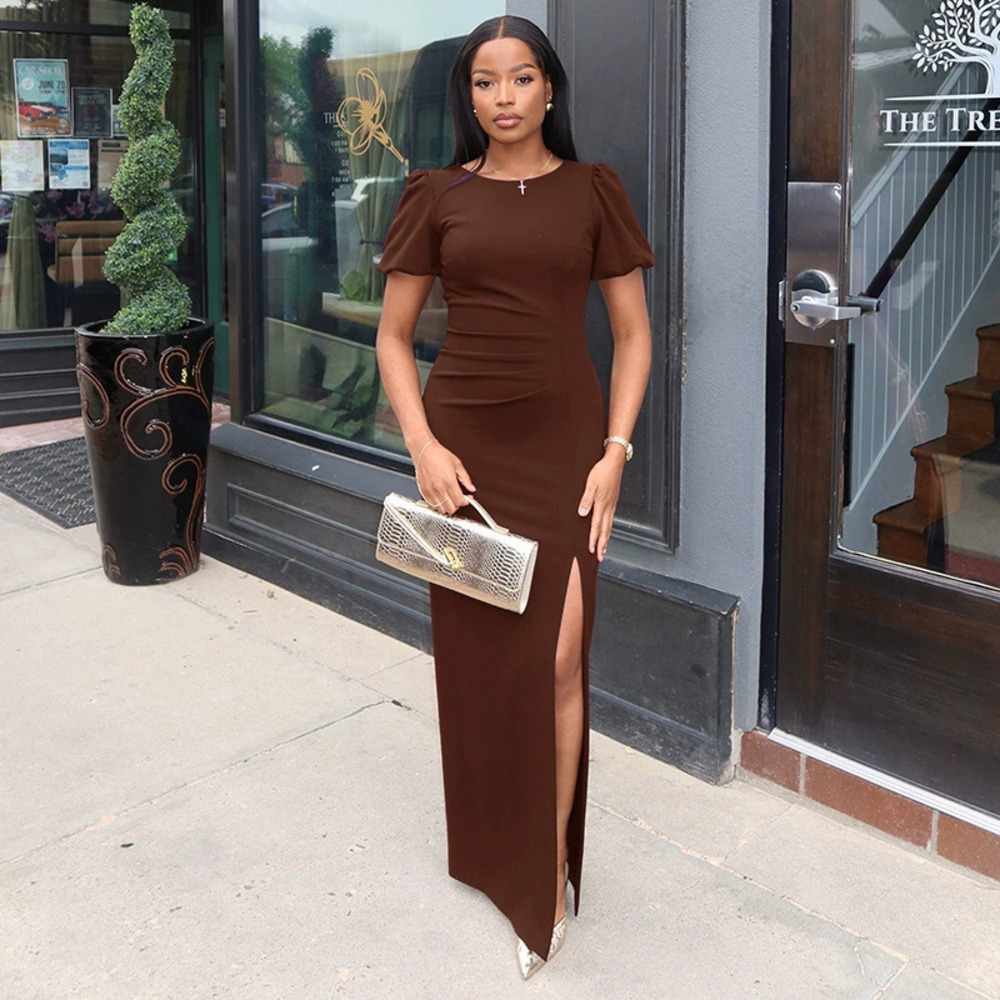 ZARA Solid Color Street Commuter Side Slit Bodycon Round Neck Short Sleeve Dress